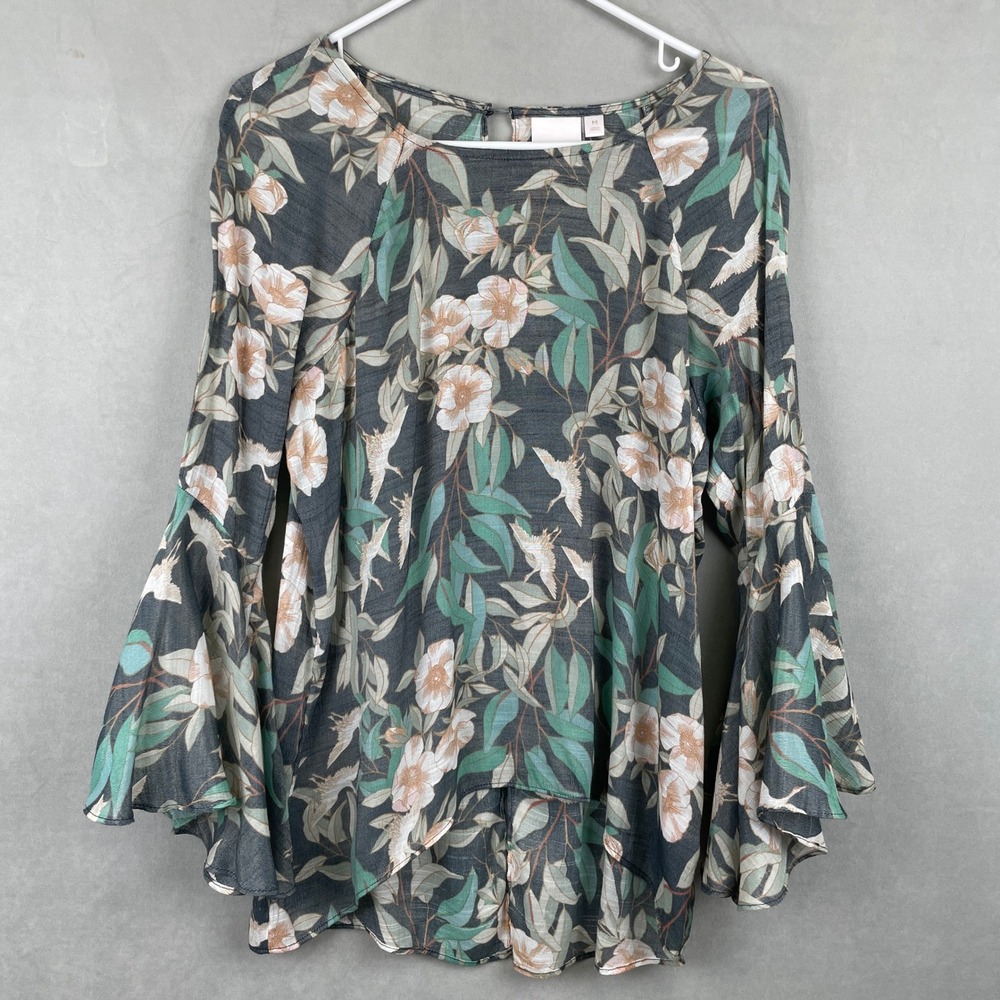 Lauren‎ Conrad Floral Crane Bell Sleeve Blouse Green M Boho Cottage High Low Top